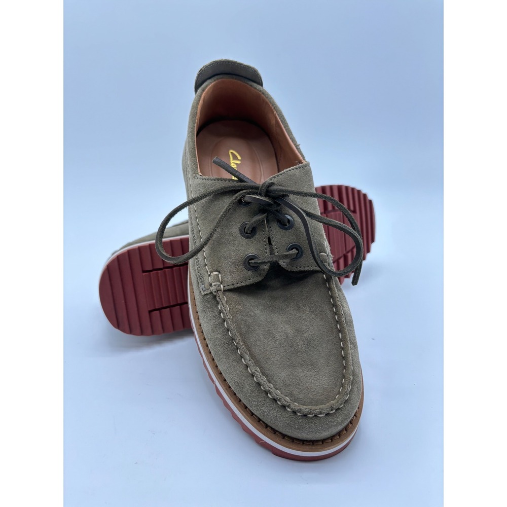 Clarks Mens Suede Boat Shoes Olive Green Red Serrated Sole Loafers 8.5
